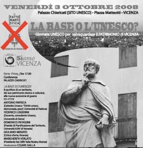 Il manifesto originale della Conferenza del 3 ottobre con il logo del Comune di Vicenza, poi "bucato"